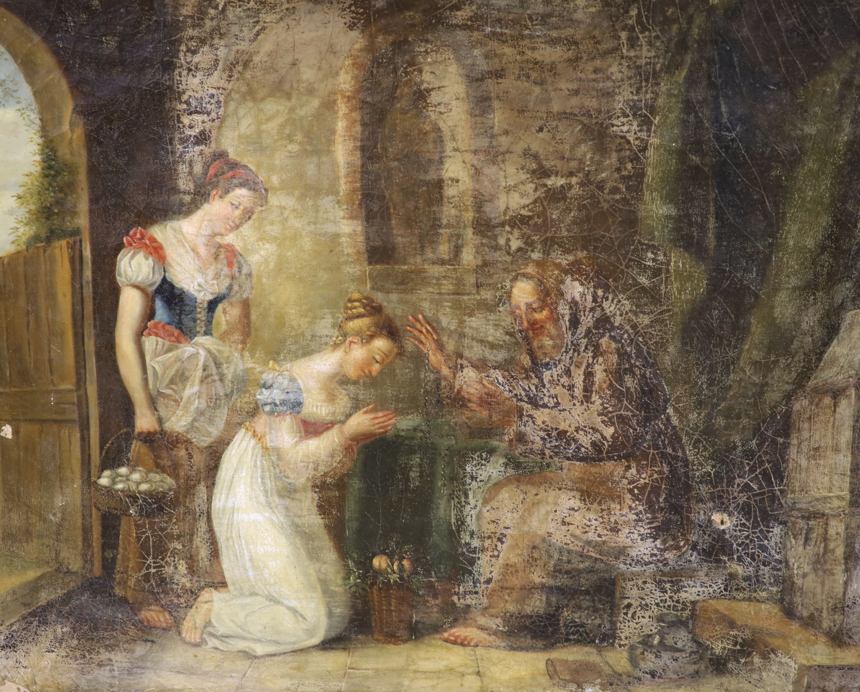19th century English School, oil on canvas, Interior with Italian women at prayer, 32 x 40cm, unframed